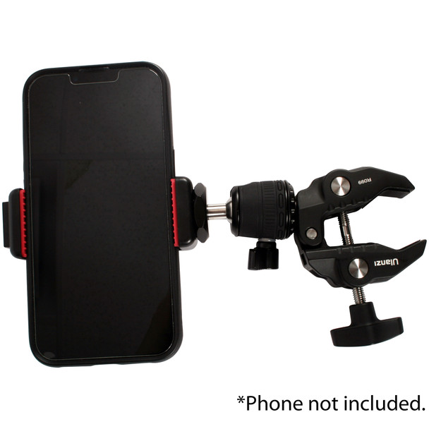 A phone sitting in the phone holder that's connected to a clamp.