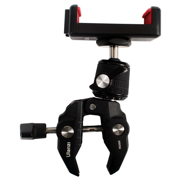 Phone holder connected horizontally to a clamp.