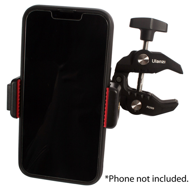 A phone sitting in the phone holder that's connected to a clamp.