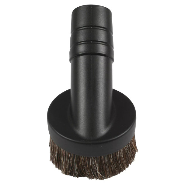 Top view of black plastic dust brush.
