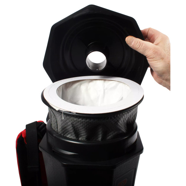 Vacuum filter and bag sticking up out of the top of the backpack vacuum.