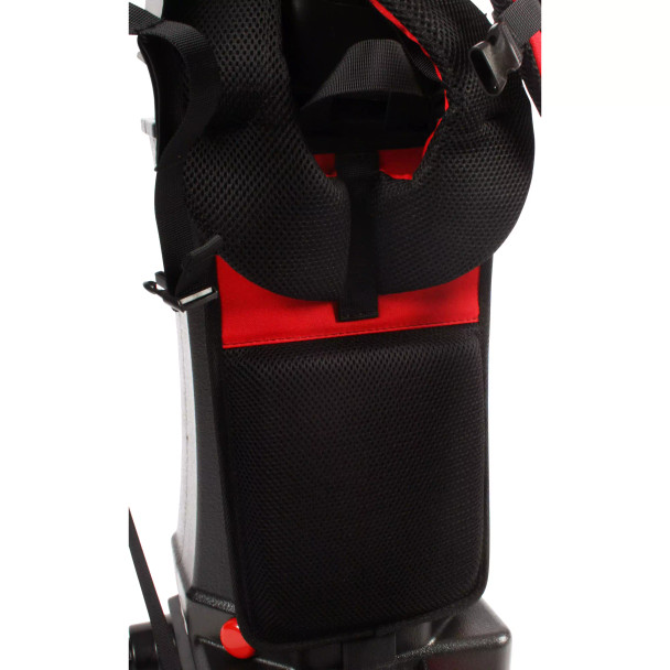 Soft cushions on the backpack vacuum harness.