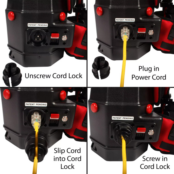 Step-by-step of cord lock and management on backpack vacuum.