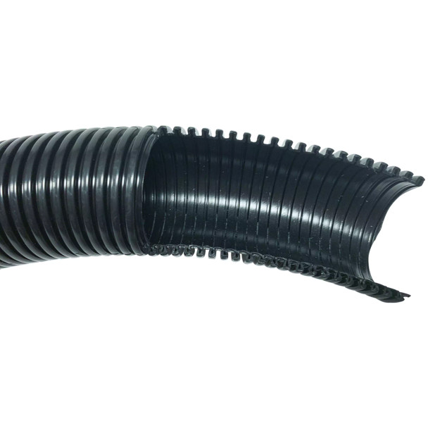 Black vacuum hose cut open to view smooth interior.