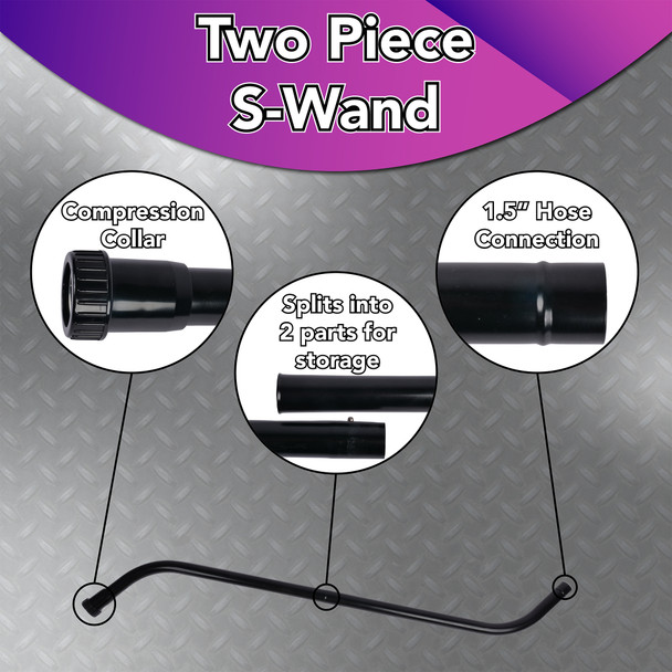 A black two-piece S-wand with zoomed in images of the ABS locking collar, the button lock feature, and beaded 1.5 inch hose end.