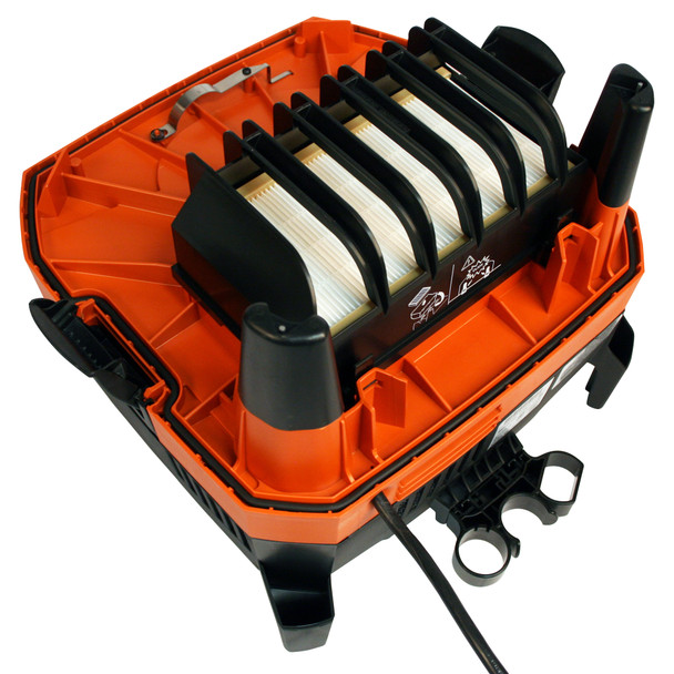 Underside of vacuum top with motor and filter.