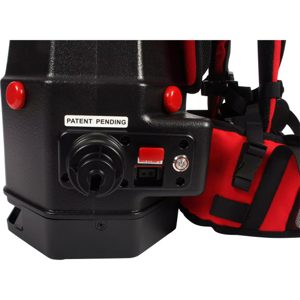 Close up  view of cord management and power button on backpack vacuum.