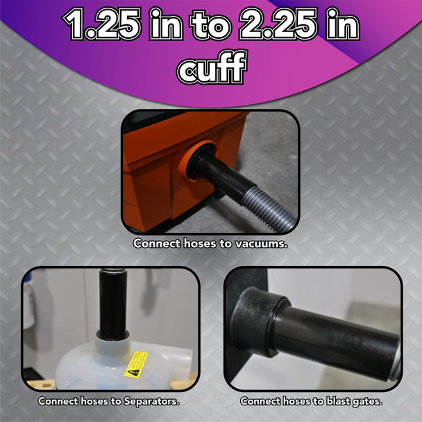 Images of the adapter connected to a shop vacuum, separator and blast gate.
