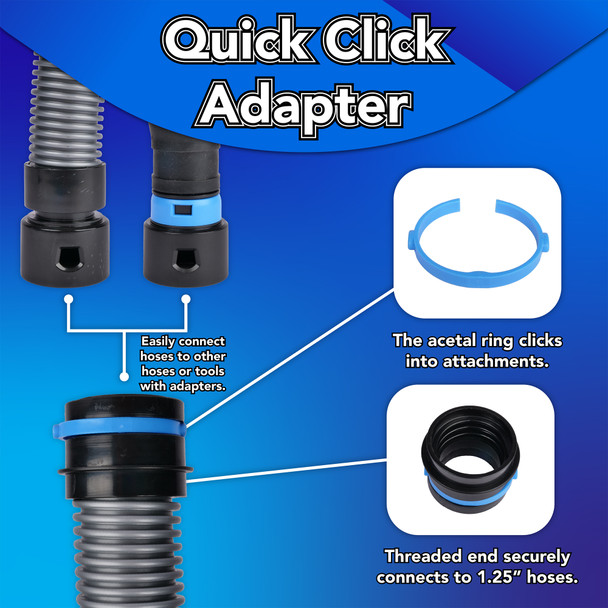 Images of the Quick Click threaded hose end, click ring and how it connects to a hose and adapters.