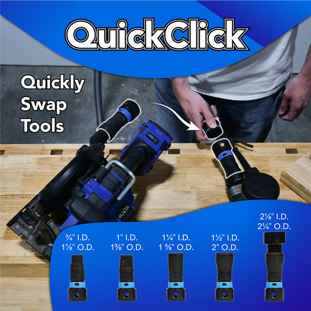 Quick Click adapter sizes and a picture showing someone swapping a hose from one tool to another. Quick Click adapter sizes and a picture showing someone swapping a hose from one tool to another.
