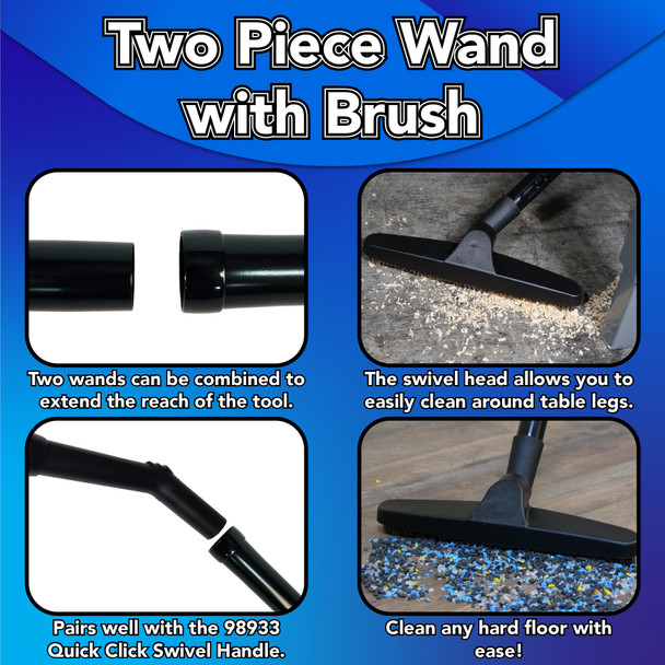 Images showing the features of the wands and floor brush including: how the wand is in two pieces, the swivel head, how it connects to the handle, and that it can clean any hard surface. Images showing the features of the wands and floor brush including: how the wand is in two pieces, the swivel head, how it connects to the handle, and that it can clean any hard surface.