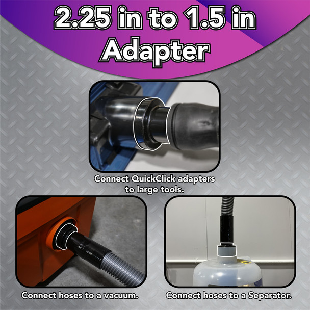 Images of the adapter connected to a router table, shop vacuum and separator.