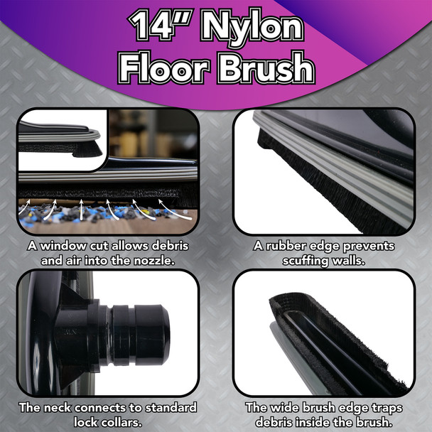 Nylon floor brush images focusing on the window cut to allow air flow and vacuum debris instead of push it, the rubber bumper to protect walls and furnishings, the neck that connects to 1.5 inch wands with ABS locking collars, and the wide brush edge to trap debris as you vacuum.