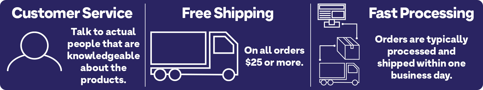 Customer Service: Talk to actual people. Free Shipping: On all orders $25 or more. Fast Processing: Orders typically ship within one day.