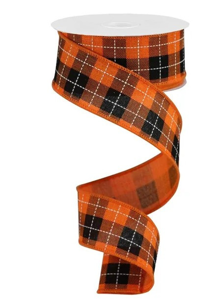 Orange/Black/White Plaid Woven Check Ribbon 1.5