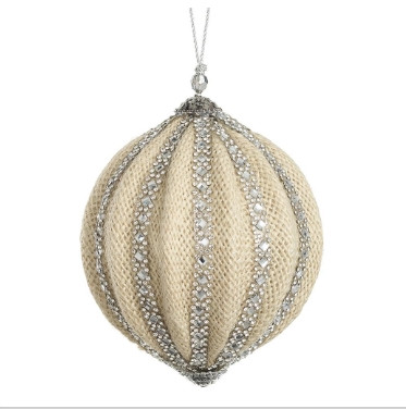 Jewelled Jute Ball Ornament Beige and Silver 4"