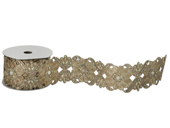 Pearl And Jewel Gold Embroidered Fluerette Ribbon 2.8" X 5yd,