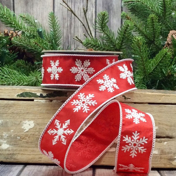 Satin White Frost Glitter Snowflake Ribbon, Red 1.5" x 10yds
