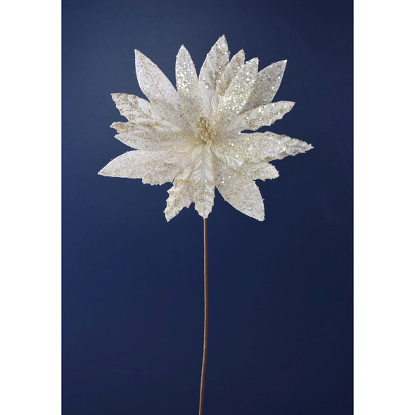 Velvet Glittered Poinsettia Stem Ivory 22"