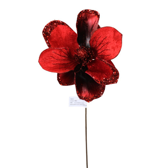 Velvet Glittered Magnolia Stem Red 27"