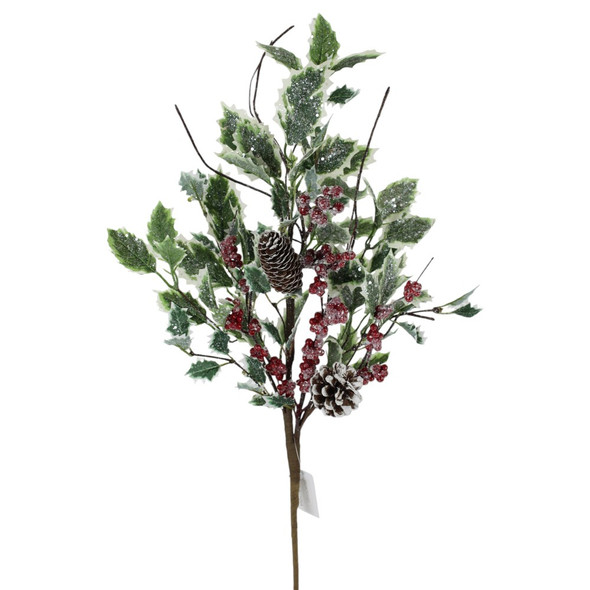 Berry Spray With Frosted Leaves Red White Green 28"
