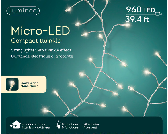 Micro LED Warm White 960 Lights 39.4 ft. Compact Light Set with Silver Wire