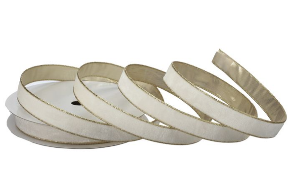 Ivory Velvet With Metallic Edge 1" X 20yd. Wired Ribbon