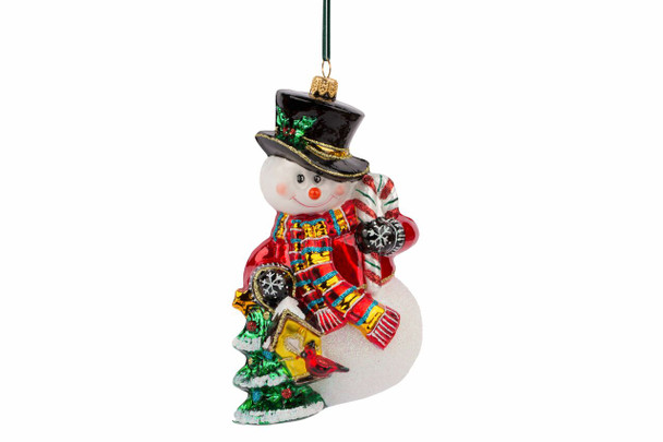 Huras Family Snowman with Christmas Tree European Blown Ornament