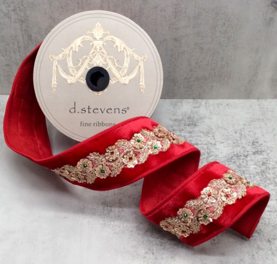 Velvet Jewel Sequin Floral Pattern Ribbon, Red 2.5" x 5yds
