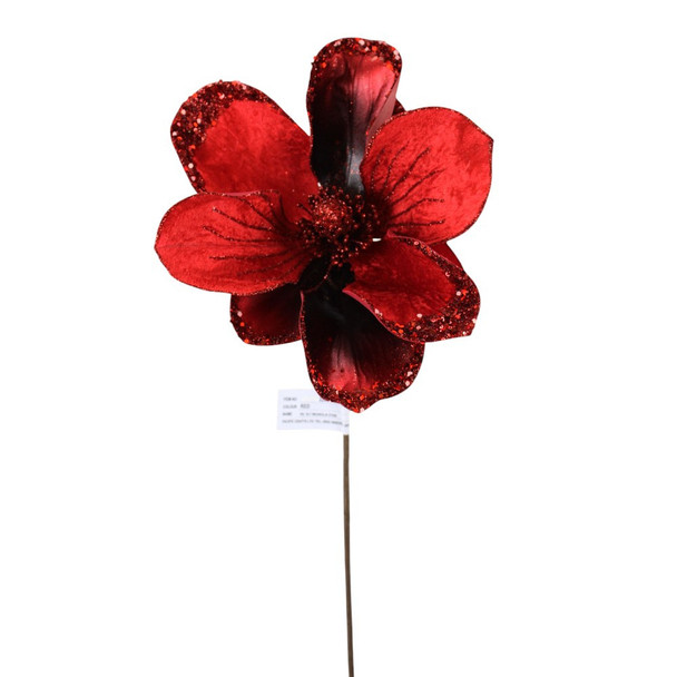 Velvet Glittered Magnolia Stem Red 27"
