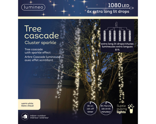 LED Warm White Tree Cascade 1080 Light Set 7.8 ft. with Black Wirecluster