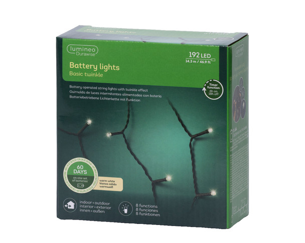 LED Durawise Warm White Battery Operated 192 Count Light Set 47 ft. with Black Wire