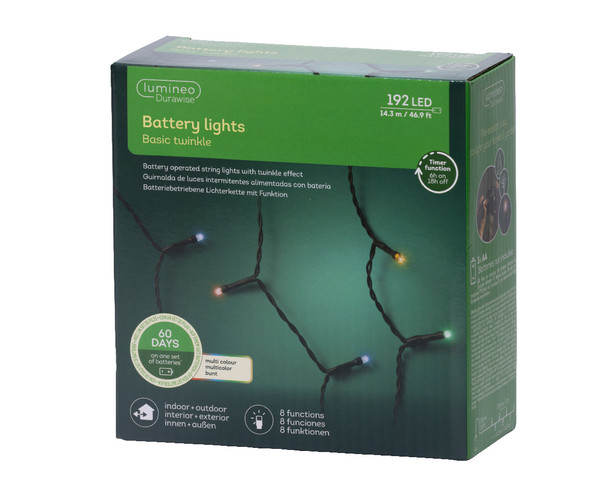 LED Durawise Multi Battery Operated 192 Count Light Set with 47 ft Black Wire