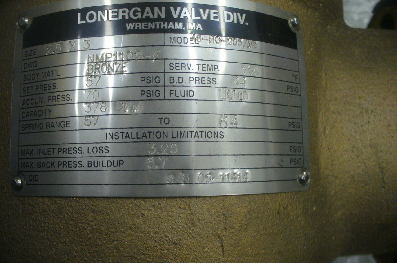 LONERGAN Safety Relief Valve P/N NMP1102D06G0057 SIZE 21/2"x 3" Model