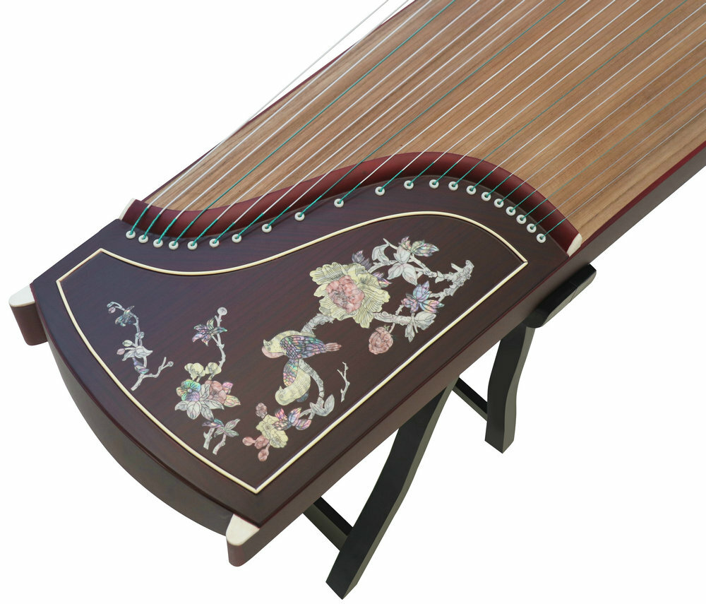 Professional Level Bird & Flower Shell Carved Guzheng Instrument Chinese Zither