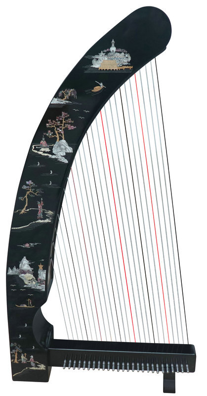 Buy Professional Konghou Instrument Ancient Chinese Zither 23 Strings with Pictures of Mountains & Trees 箜篌