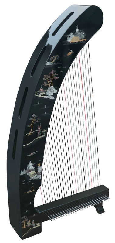 Buy Professional Konghou Instrument Ancient Chinese Zither 23 Strings with Pictures of Mountains & Trees 箜篌