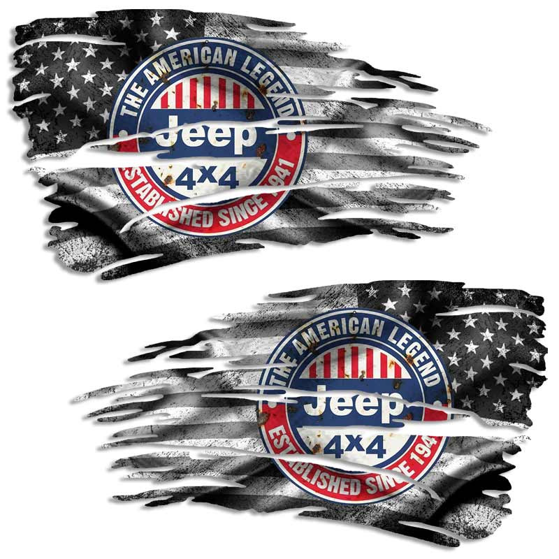 Subdued American Tattered Jeep Flag Decal Set