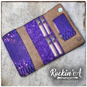 Tri - Fold Leather Wallet  purple metallic inside