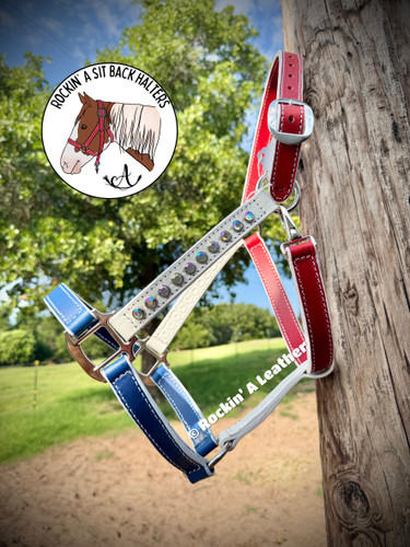 In Stock - AVERAGE/MEDIUM - Red White & Blue Leather Halter - Option to add Sit Back