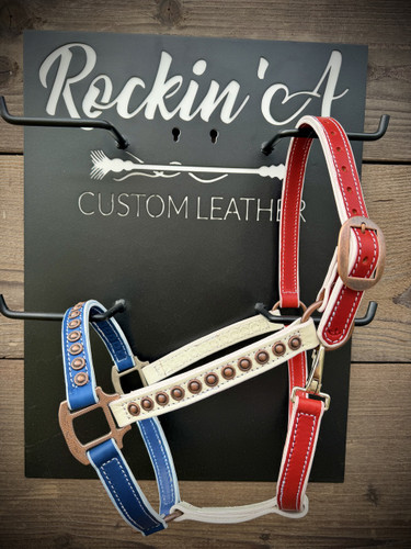In Stock - AVERAGE - Red, White, & Blue Leather Halter #1 w/ Option to Add Sit Back 