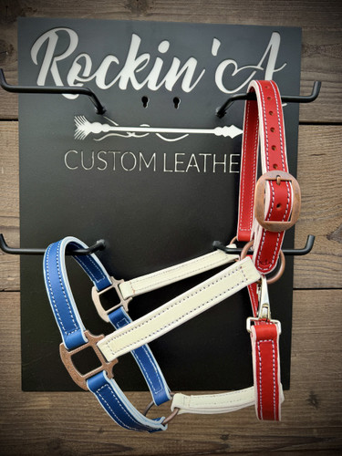 In Stock - AVERAGE - Red, White, & Blue Leather Halter #4 w/ Option to Add Sit Back 