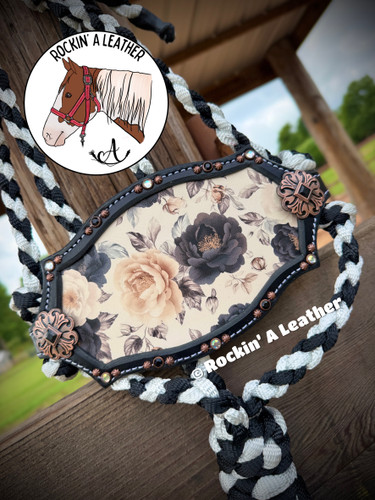 In Stock - B/W Peony Bronc Noseband on Muletape Halter w/ Lead