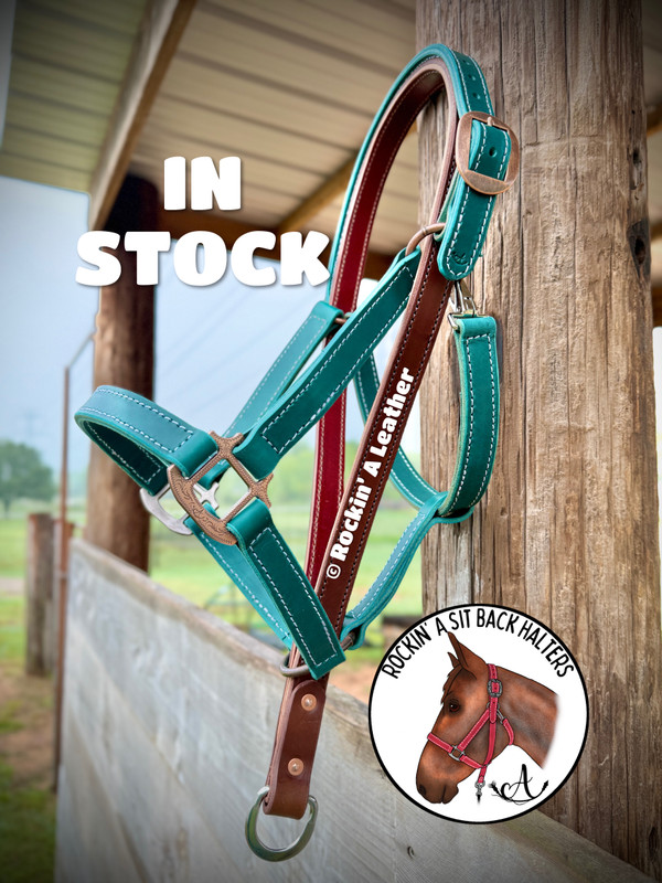 In Stock - AVERAGE - Rockin' A Sit Back Resist Leather Halter - Turquoise Leather Copper Hardware