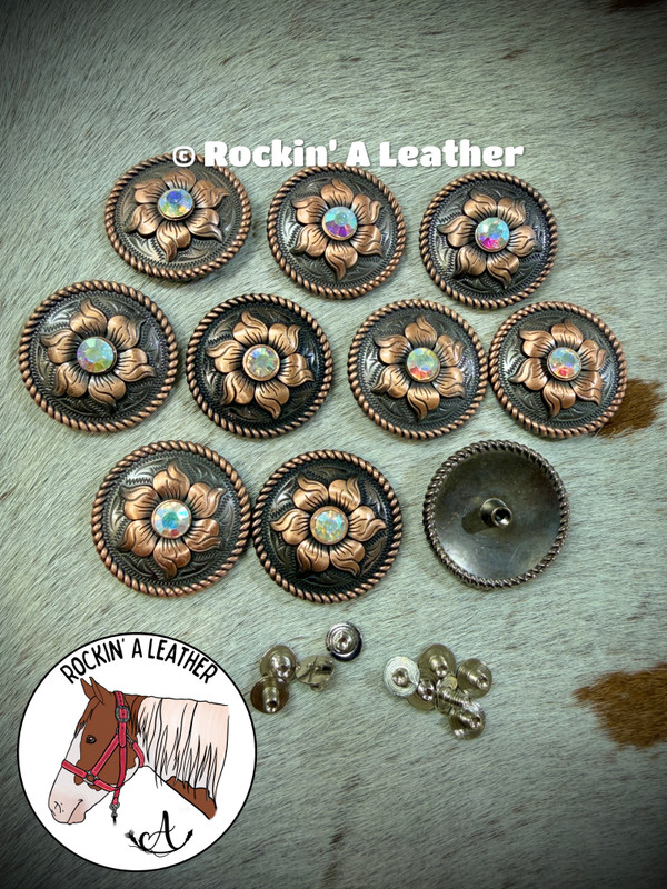 Hardware - 10pcs 1.5" Concho - Copper Sunflower w/ AB Crystal