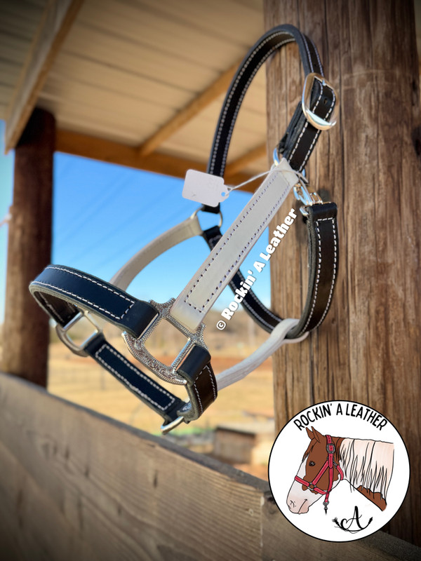 In Stock - AVERAGE/MEDIUM - Black & White Leather Halter - Option to add Sit Back - H3