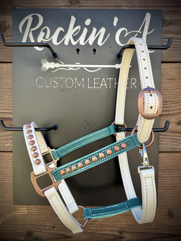In Stock - AVERAGE - Turquoise & White Leather Halter H3 w/ Option to Add Sit Back