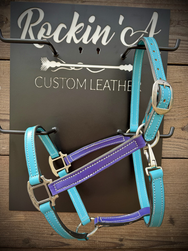 In Stock - AVERAGE - Turquoise & Purple Leather Halter #1 w/ Option to Add Sit Back