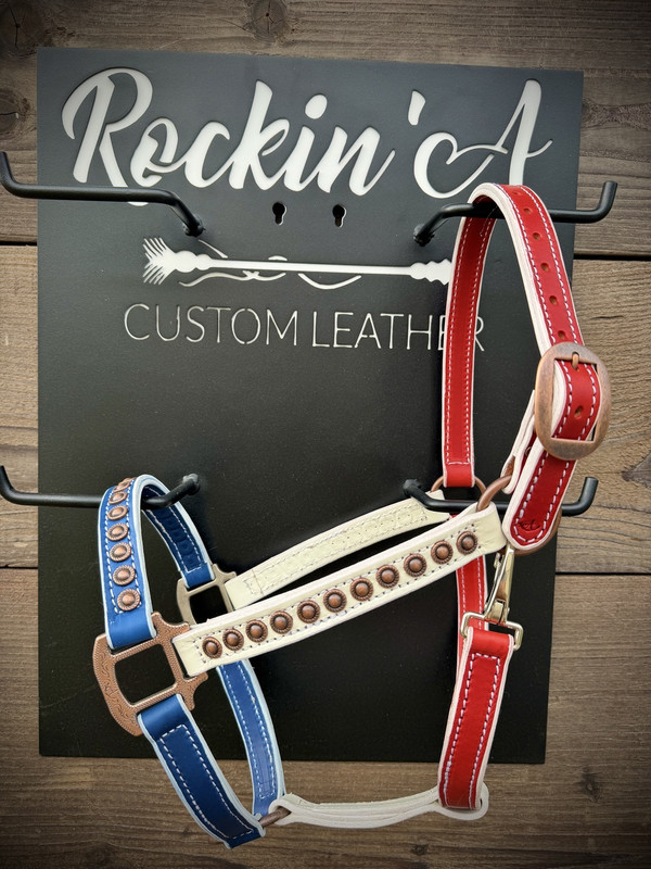 In Stock - AVERAGE - Red, White, & Blue Leather Halter #1 w/ Option to Add Sit Back 
