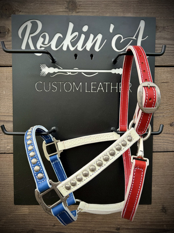 In Stock - AVERAGE - Red, White, & Blue Leather Halter #2 w/ Option to Add Sit Back 